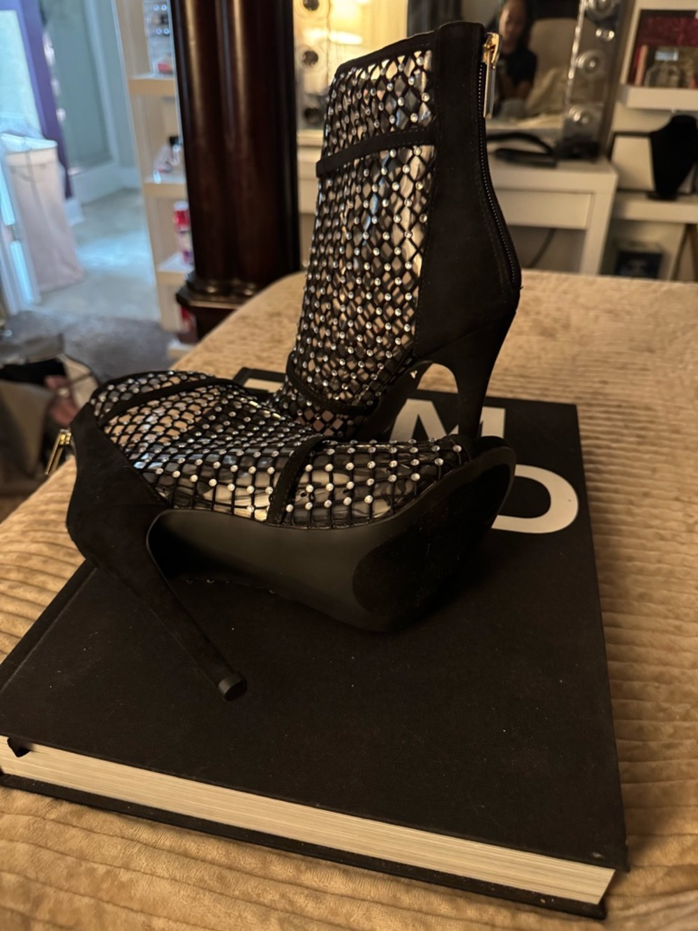 Shoe Dazzle Black Mesh Crystal Ankle Booties